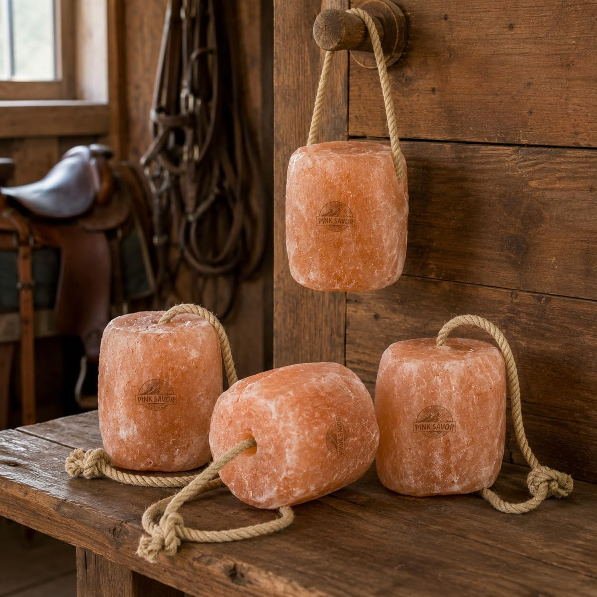 Himalayan Pink Salt Lick with Rope, 5-6 lb Each, 4 Pack for Horses & Cattle