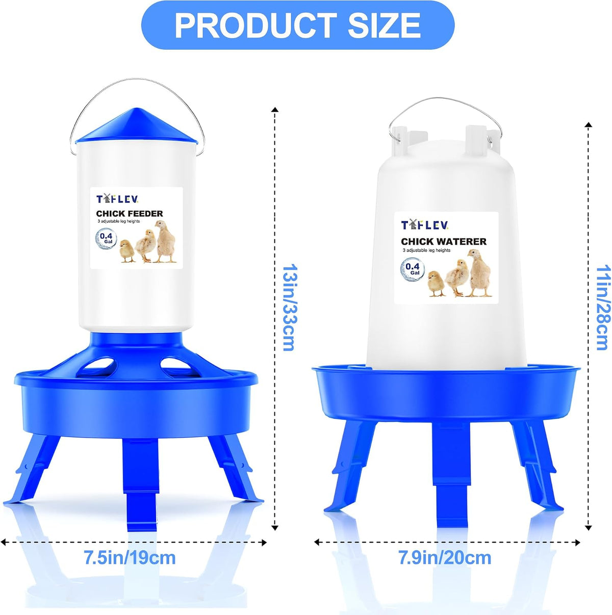 0.4Gal Top Fill Chick Feeder and 0.4Gal Chick Waterer 3 Height Scoop Blue | Chick Feeder and Waterer Set, Anti-Drown