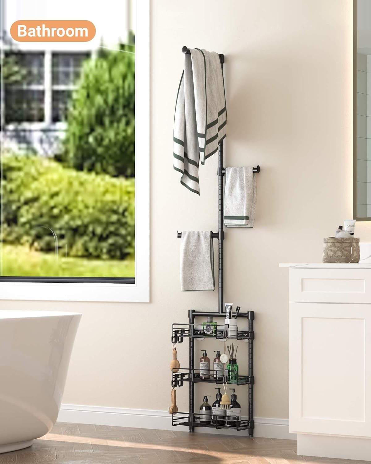 Laundry Room Shelves - Over the Washer and Dryer Storage Shelf, Laundry Hanging Rod with Basket and Hanger Organizer