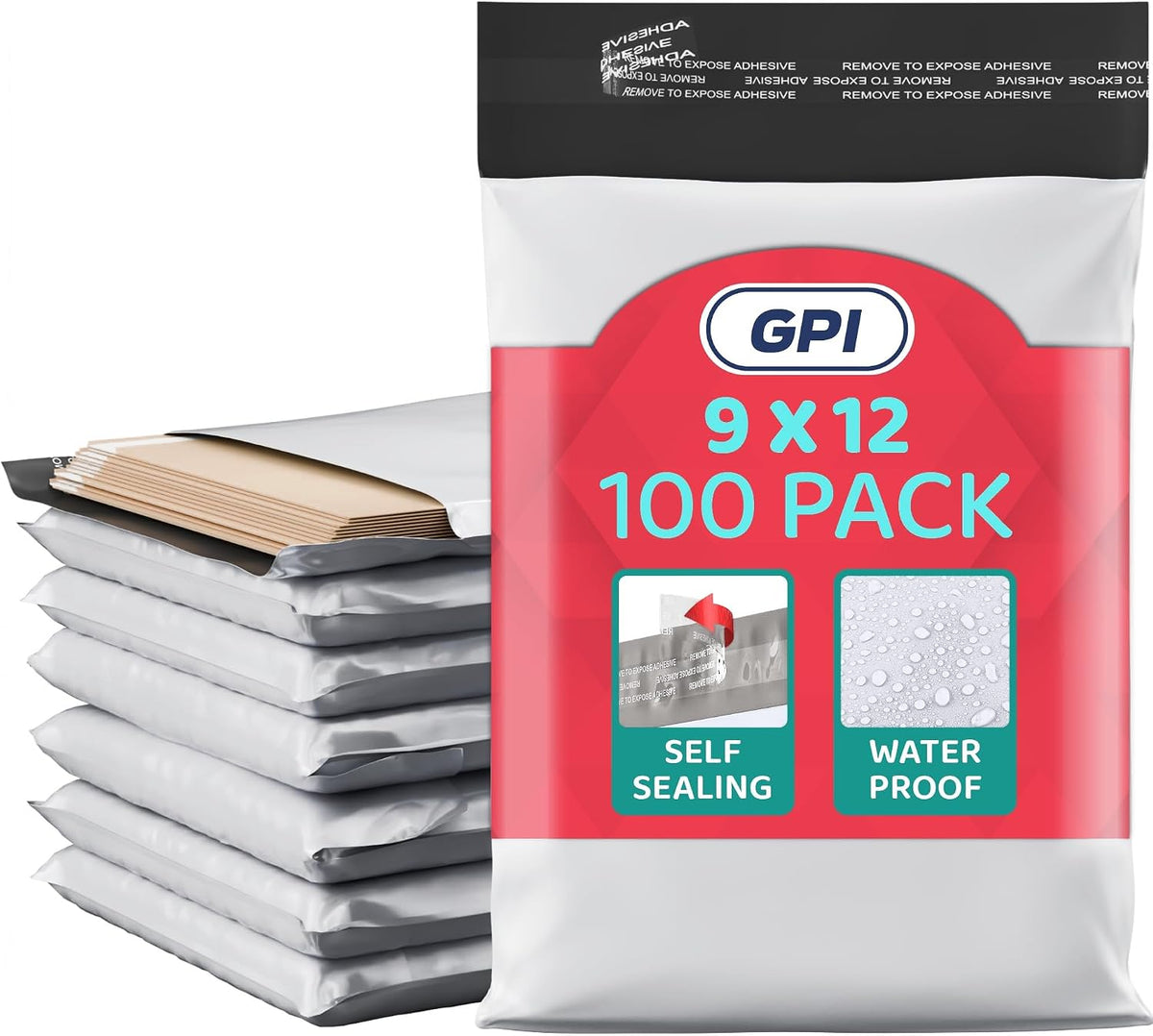 9" x 12" Poly Mailers, 100 Pack, 2.5 Mil, White Self Seal Waterproof, GPI