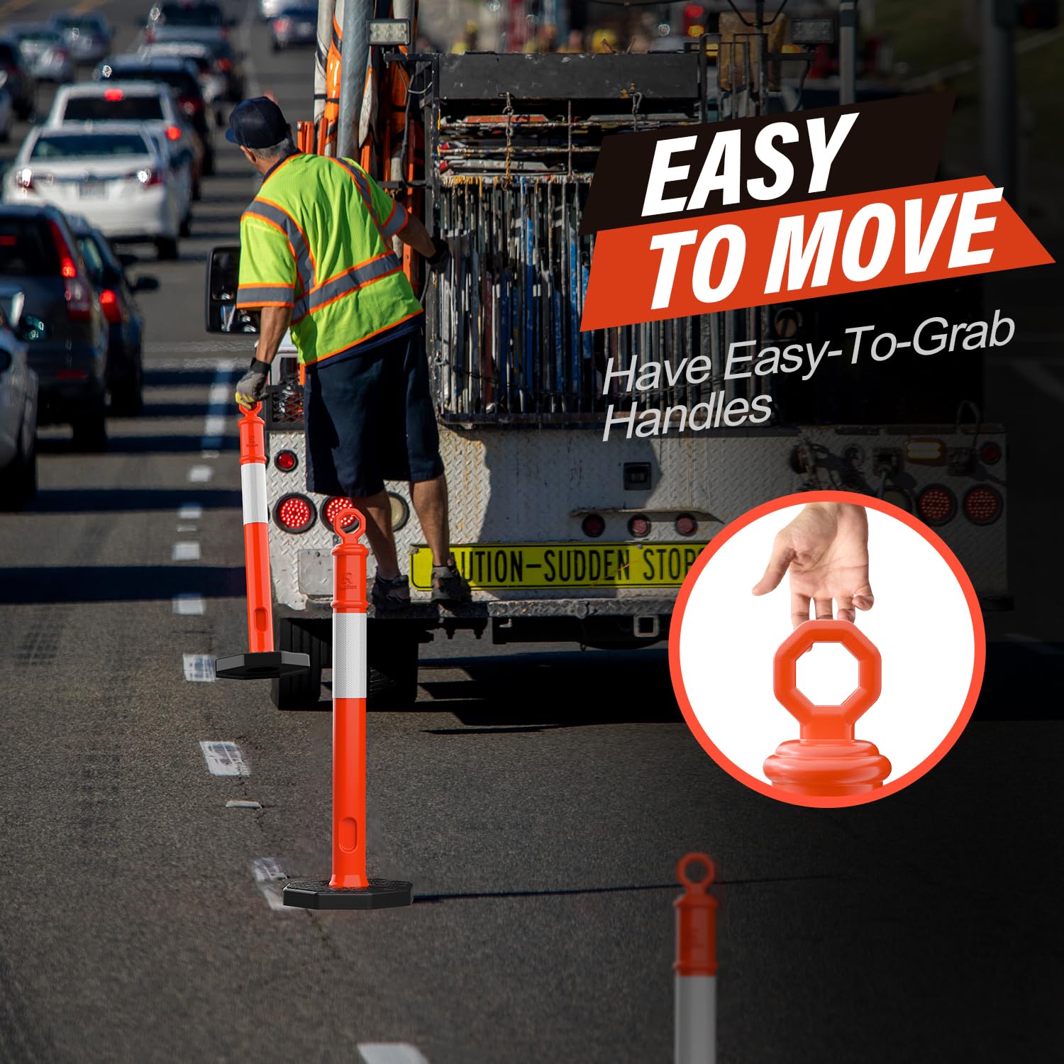 45 Inch Orange Delineator Post with Base, 3 Pack | Traffic Delineator Posts Cones, Visibility Reflective Collars