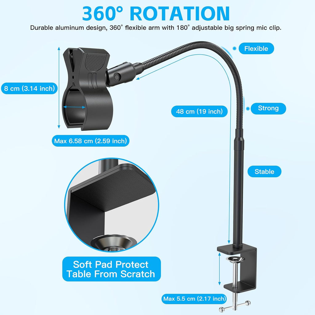 Microphone Stand Gooseneck, 19-Inch Mic Arm Stand with Adjustable Microphone Clip Holder and 3/8" to 5/8" Screw
