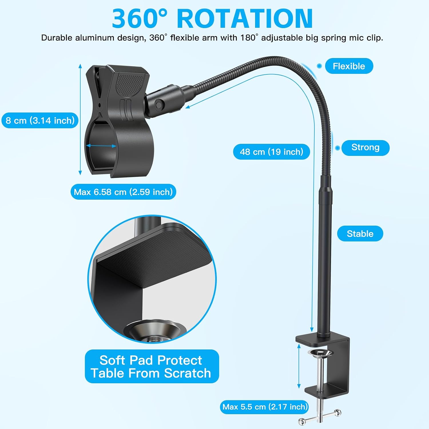 Microphone Stand Gooseneck, 19-Inch Mic Arm Stand with Adjustable Microphone Clip Holder and 3/8" to 5/8" Screw