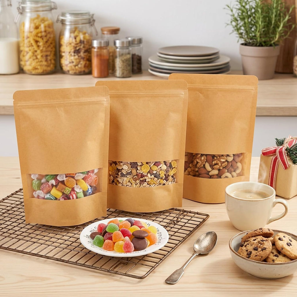 72pcs 7x10In Kraft Paper Resealable Bags with Window for Business