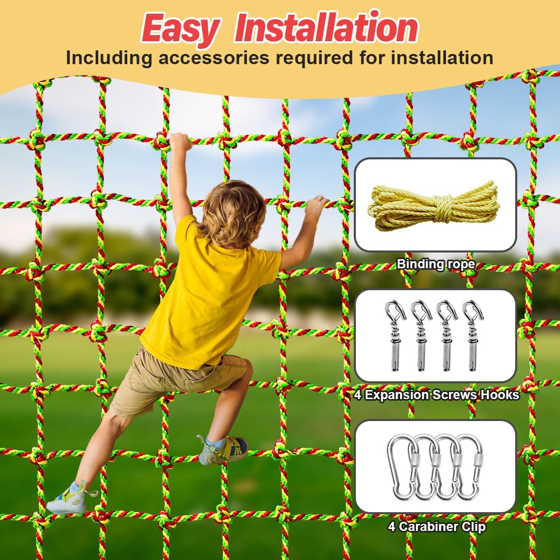 Climbing Net, 6.6ft X 6.6ft Polyester Climbing Cargo Net for Kids Outdoor, Heavy Duty Large Military Playground