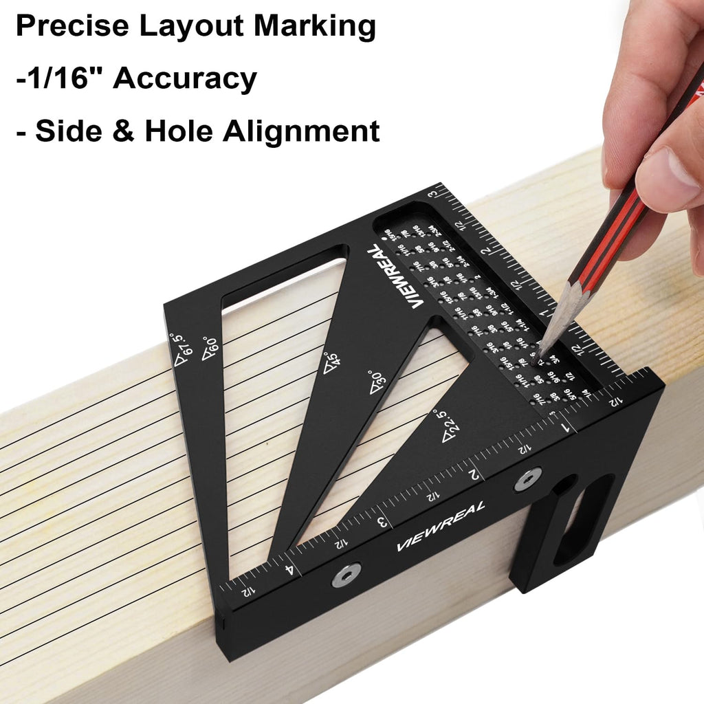 ViewReal Multi-Angle Measuring Ruler,3D Woodworking Square, 22.5-90 Degree Aluminum Alloy Protractor for Precision Carpentry, Engineering & DIY Projects, Laser Etched, Durable, Portable - Black