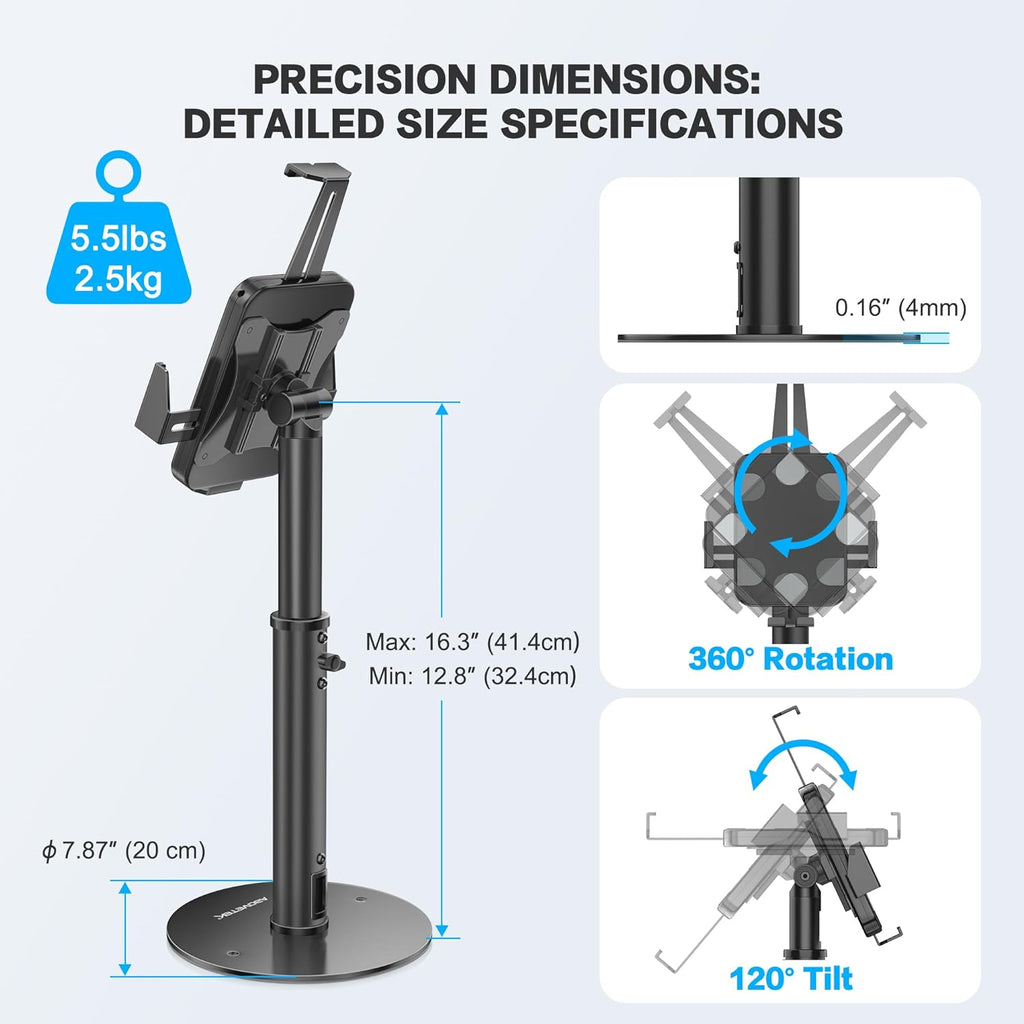 POS Tablet Kiosk Stand - Universal Tablet Locking Mount for 7.9"-11" Devices, 360° Swivel Anti-Theft Security Stand