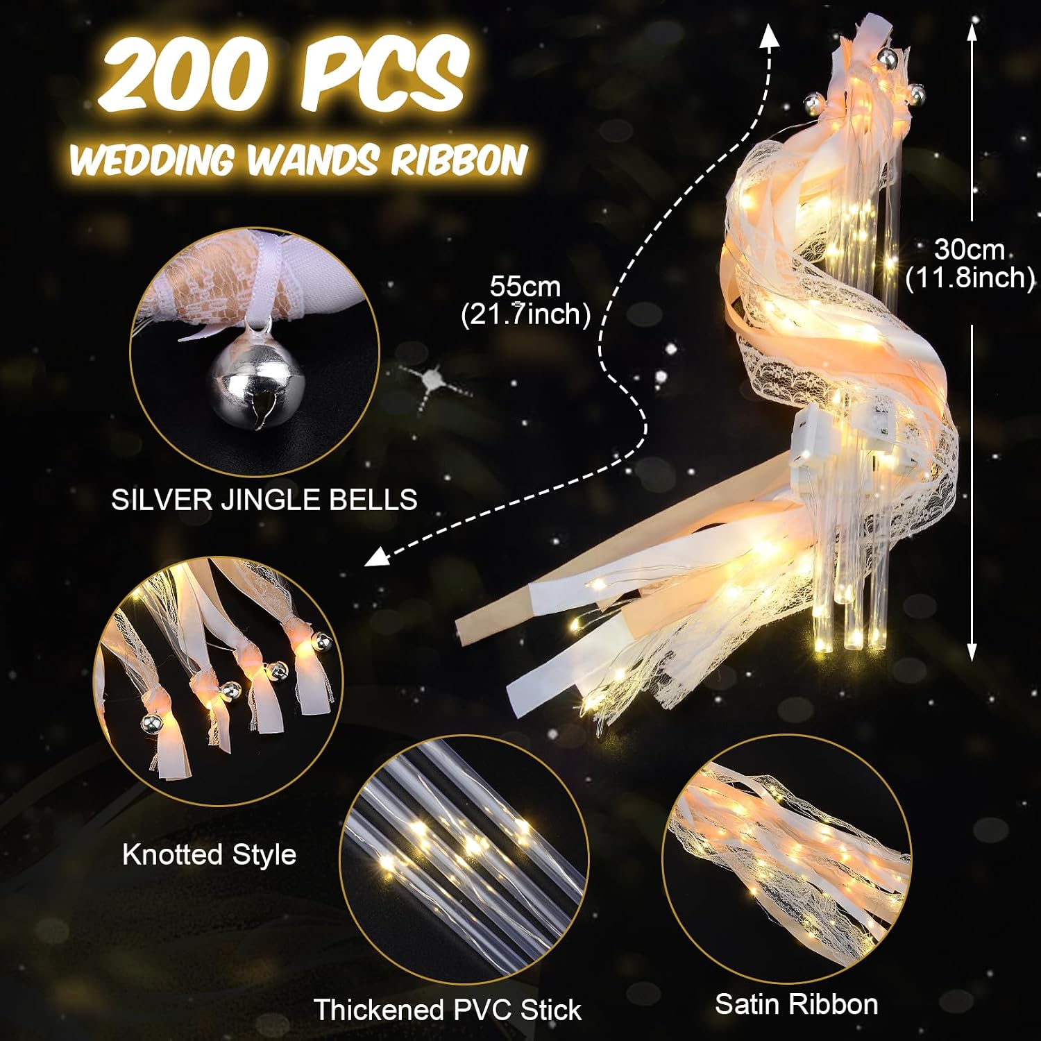 100 PCS Wedding Wands with Lights,Fairy Wands, LED Silk Fairy Wand with Bells for Wedding Send Off, New Year, Raves