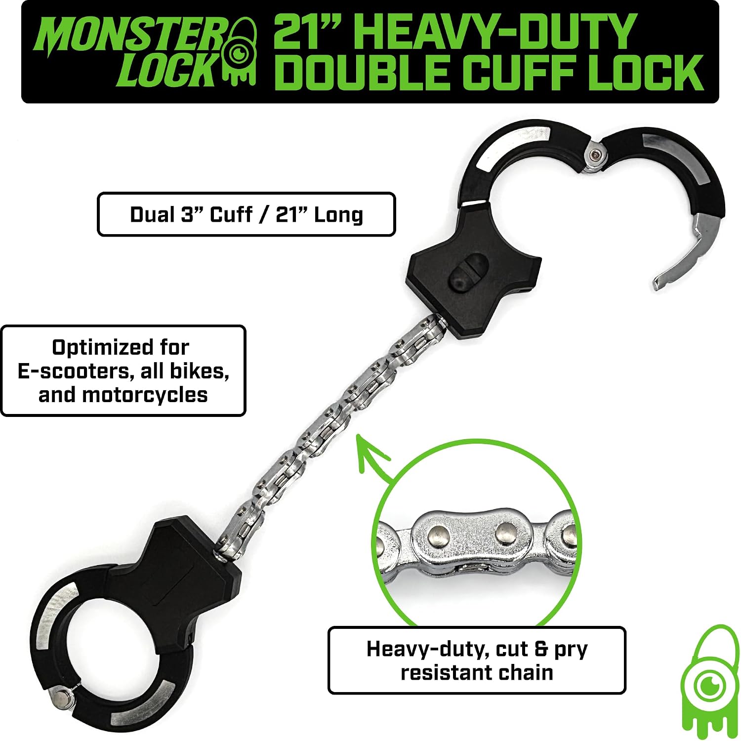Monster Lock ML801 Heavy-Duty Chain Lock with Dual 3" Cuffs, 21" Long – Cut & Pry Resistant Security Chain for