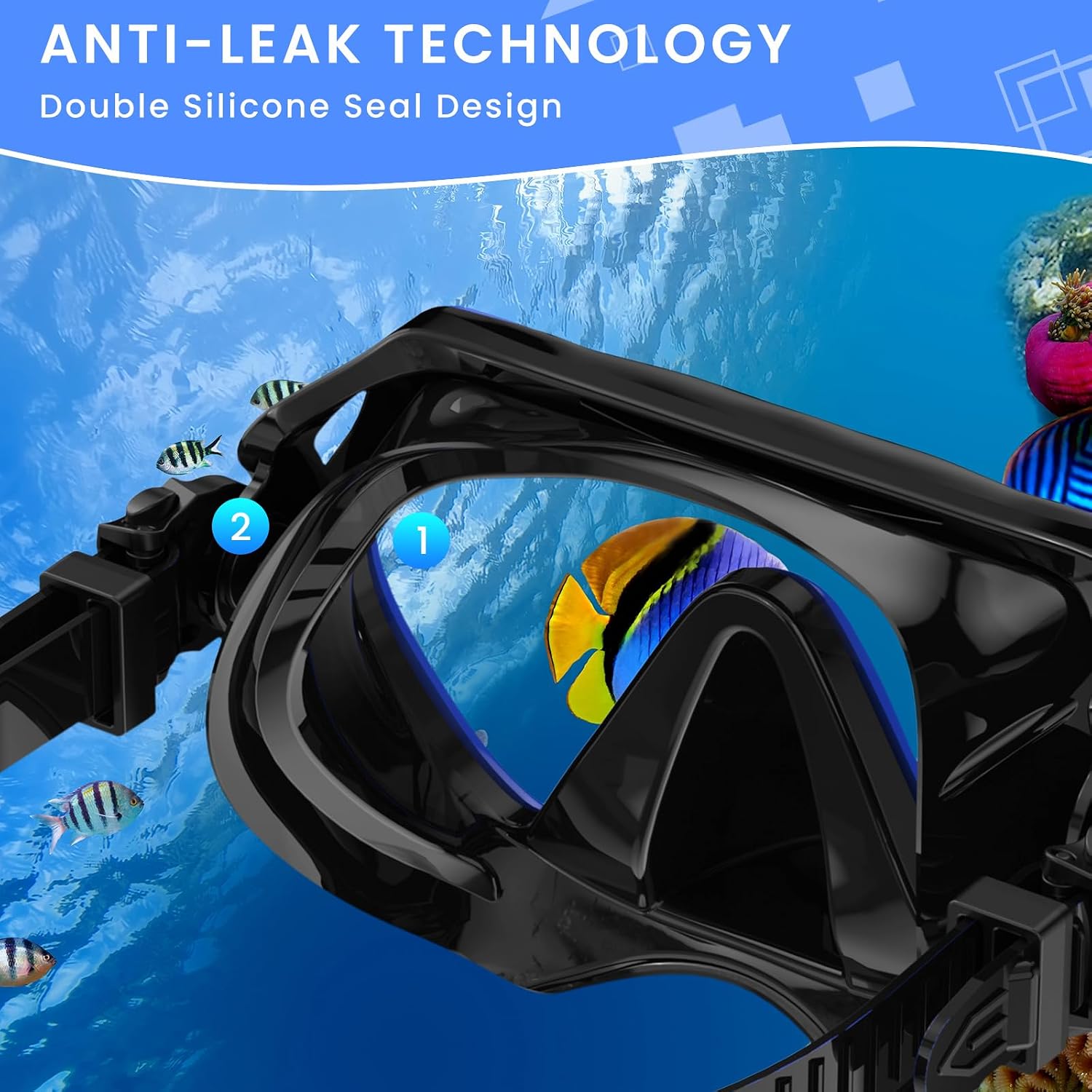Snorkeling Gear for Adults, Adult Snorkel Mask Set Scuba Diving Dry-Top, Swimming Goggles w/Nose Cover, HD Tempered