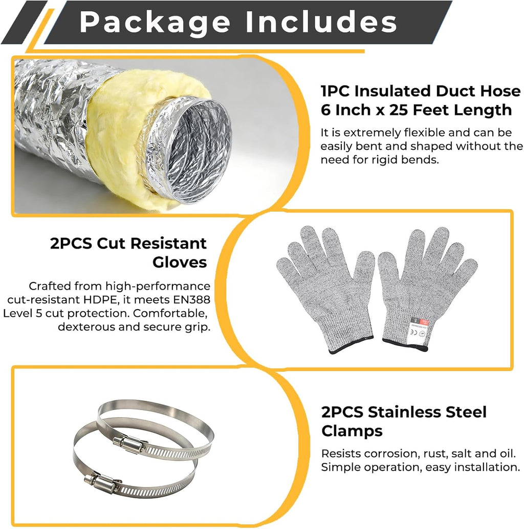 TTFLEX 6 Inch Insulated Flexible Duct Hose 25 FT Heavy-Duty HVAC Ducting | Reinforced Foil + Steel Spiral, Durable