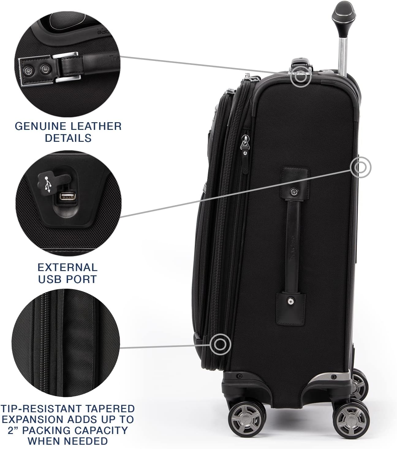 Platinum Elite Softside Expandable Carry on Luggage, 8 Wheel Spinner Suitcase, USB Port, Suiter, Men and Women