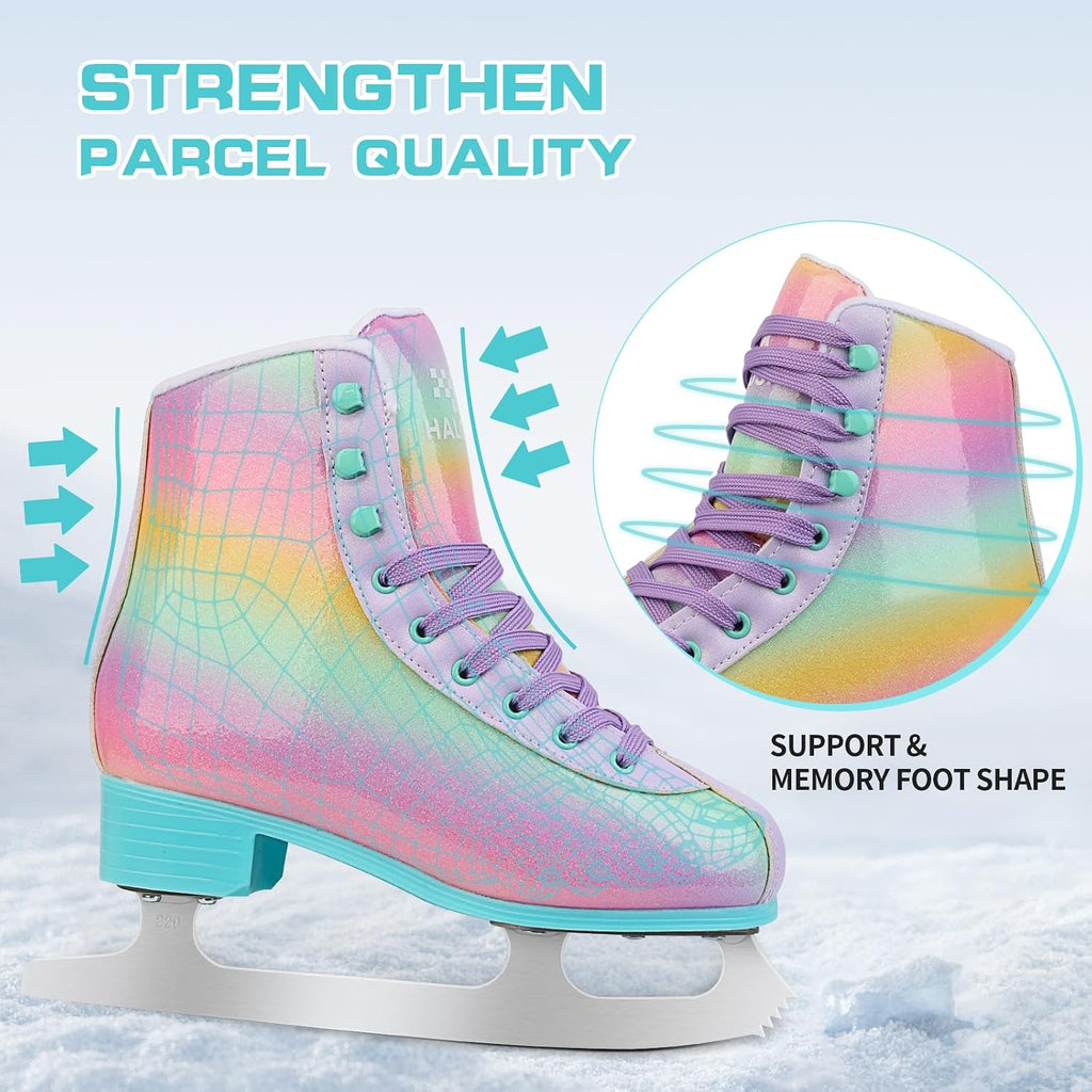 Premium Leather Womens/Girls Figure Ice Skates - Memory Foam Collar Beginner Youth Ice Skates with Stainless Steel