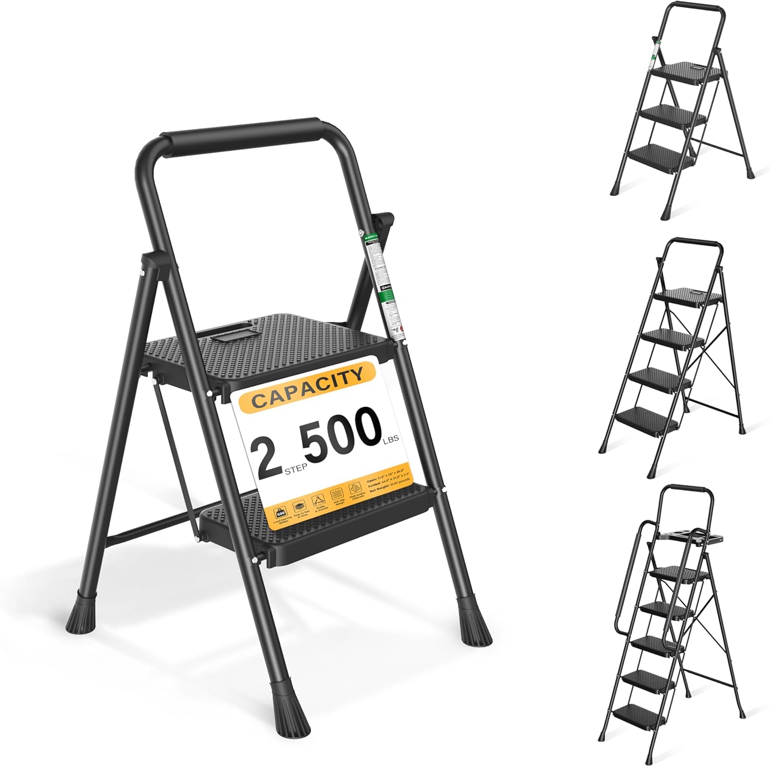 Step Ladder, Folding Step Stool with Wide Anti-Slip Pedals, Sturdy Steel Ladder with Handrail, Space-Saving, Portable