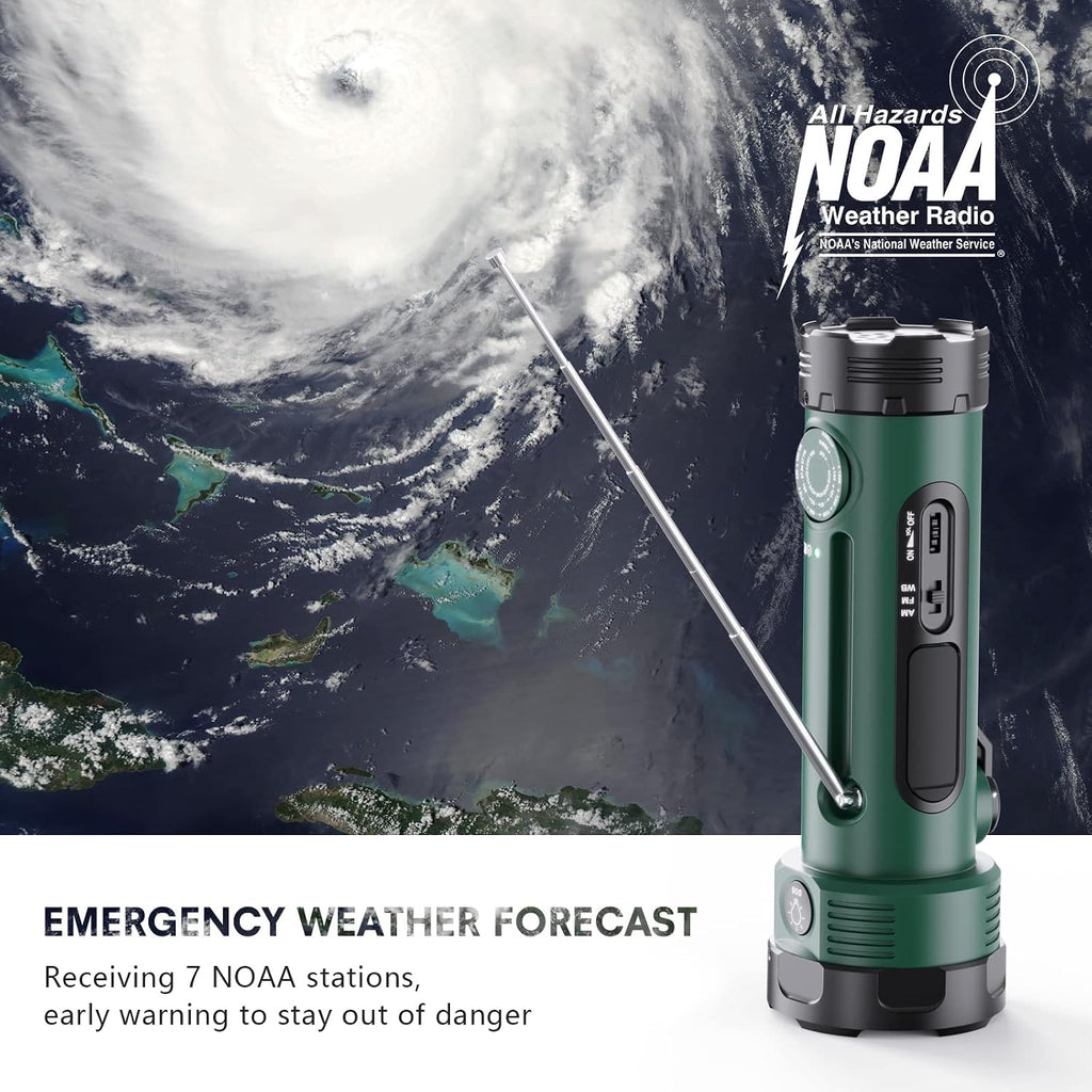 NOAA Weather Radio with Hand Crank Flashlight & Emergency Power | 3000mAh Battery, AM/FM Radio, 3 Power Sources, Cell