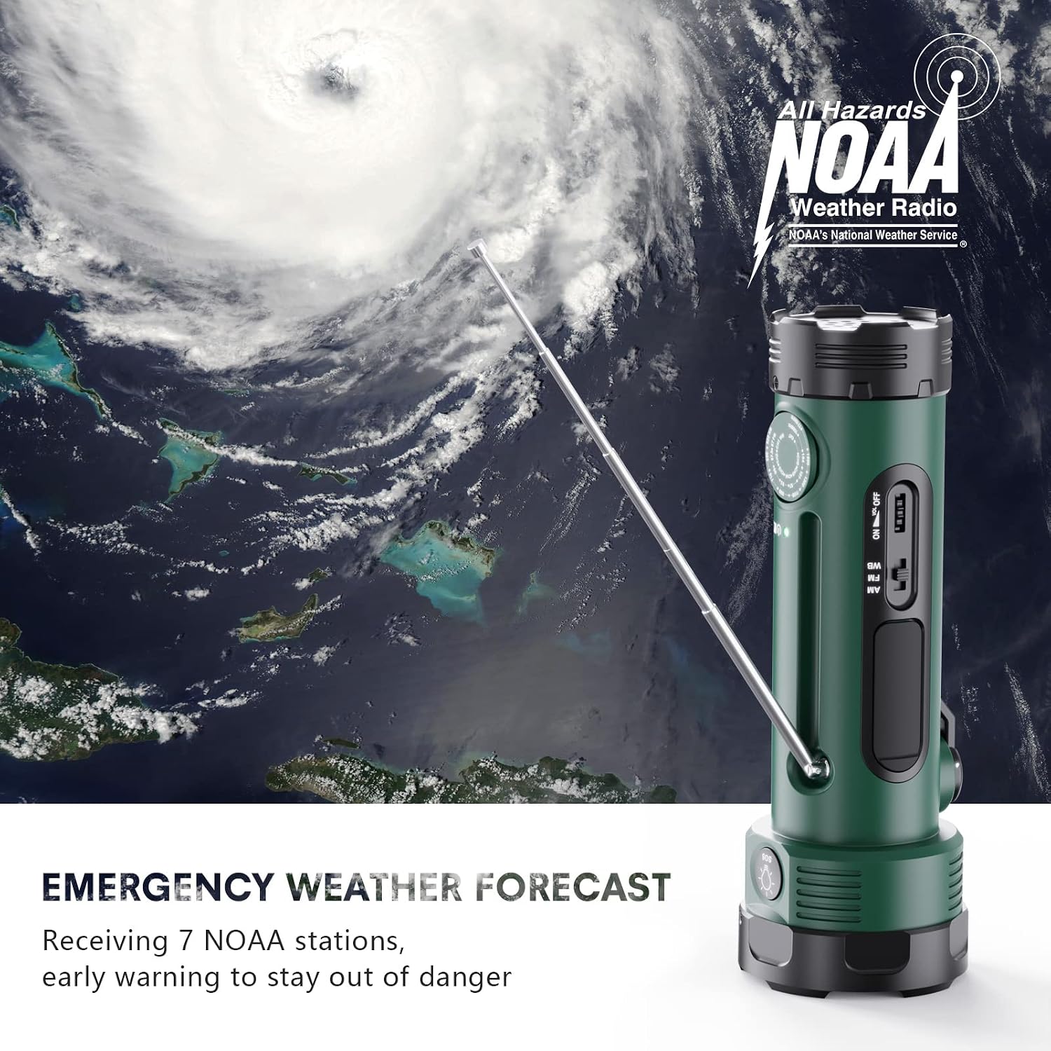 NOAA Weather Radio with Hand Crank Flashlight & Emergency Power | 3000mAh Battery, AM/FM Radio, 3 Power Sources, Cell
