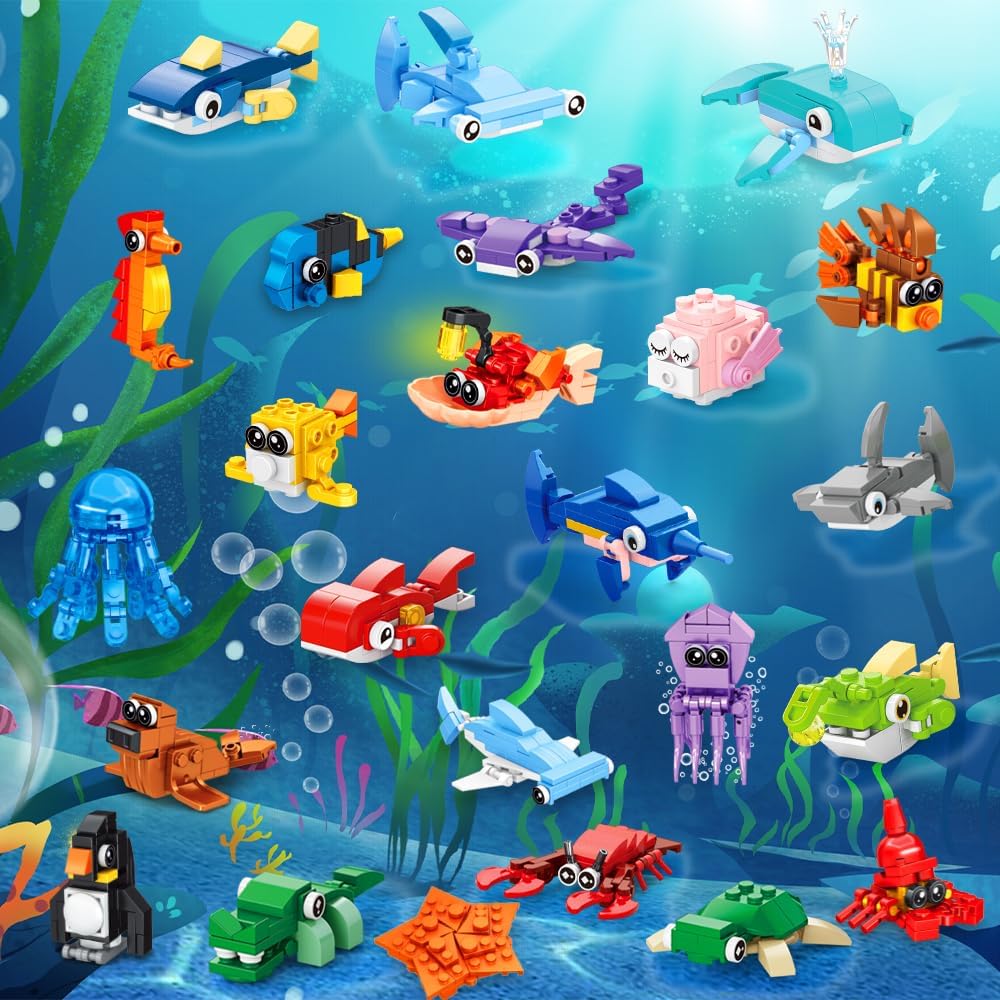 25pcs Building Blocks Bricks Party Favors Toys for Kids Marine Animals Block for Classroom Prizes Birthday Gift