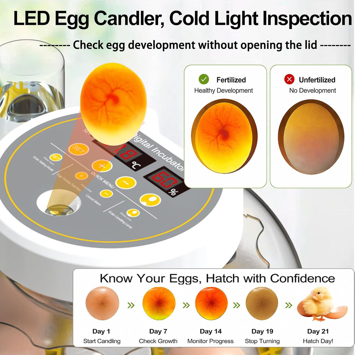 18/60 Incubator for Hatching Eggs, Egg Incubators with Humidity Display, Egg Candler, Automatic Egg Turner, Poultry