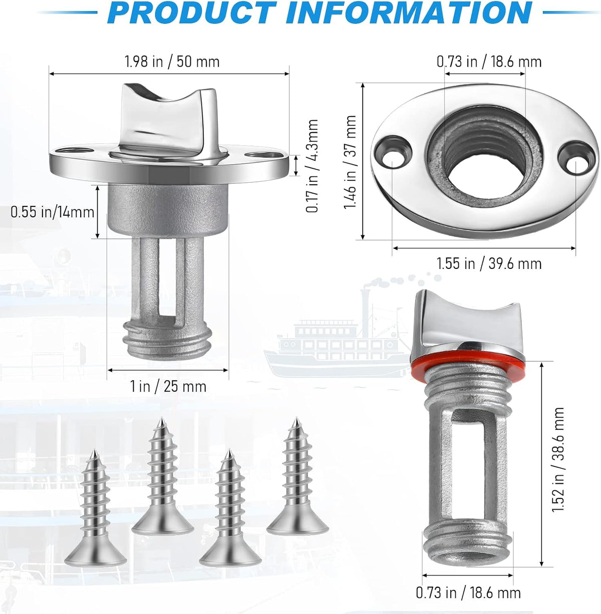 Ripeng 2 Pcs 3/4" Thread Boat Drain Plug Kit 316 Stainless Steel, Red