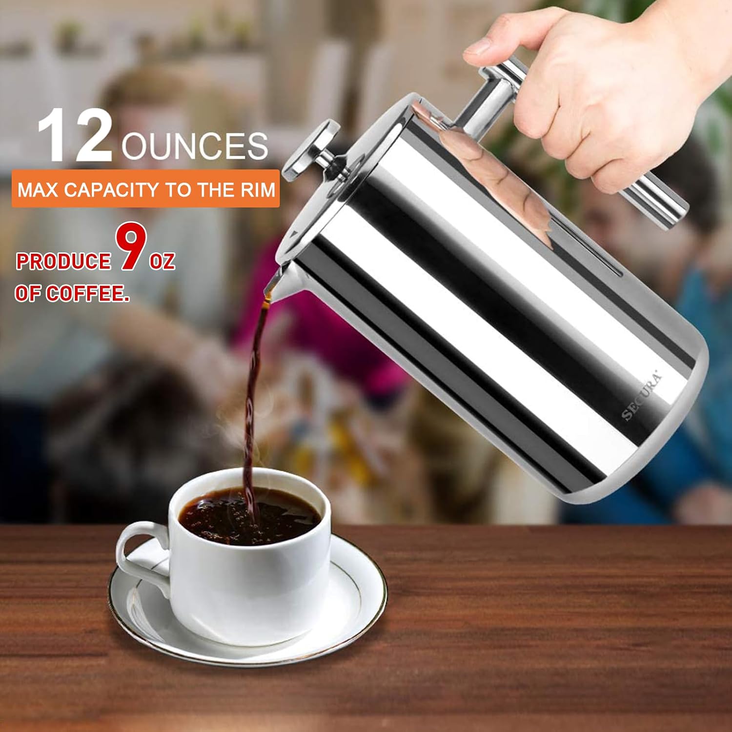 French Press Coffee Maker, 304 Grade Stainless Steel Insulated Coffee Press with 2 Extra Screens, 12oz (0.35 Litre)
