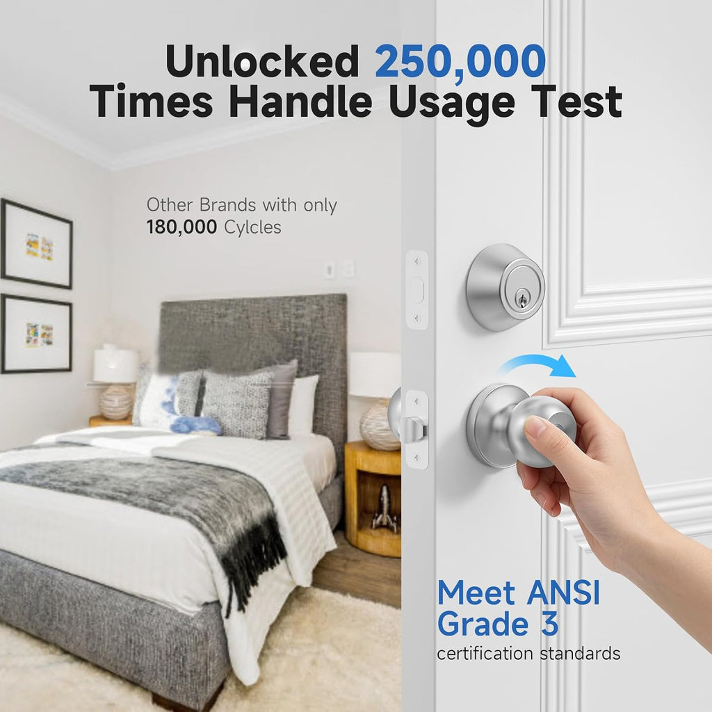 2 Pack Exterior Door Lock Set with Deadbolt Lock, Keyed Alike Satin Nickel Entry Door Knobs and Single Cylinder
