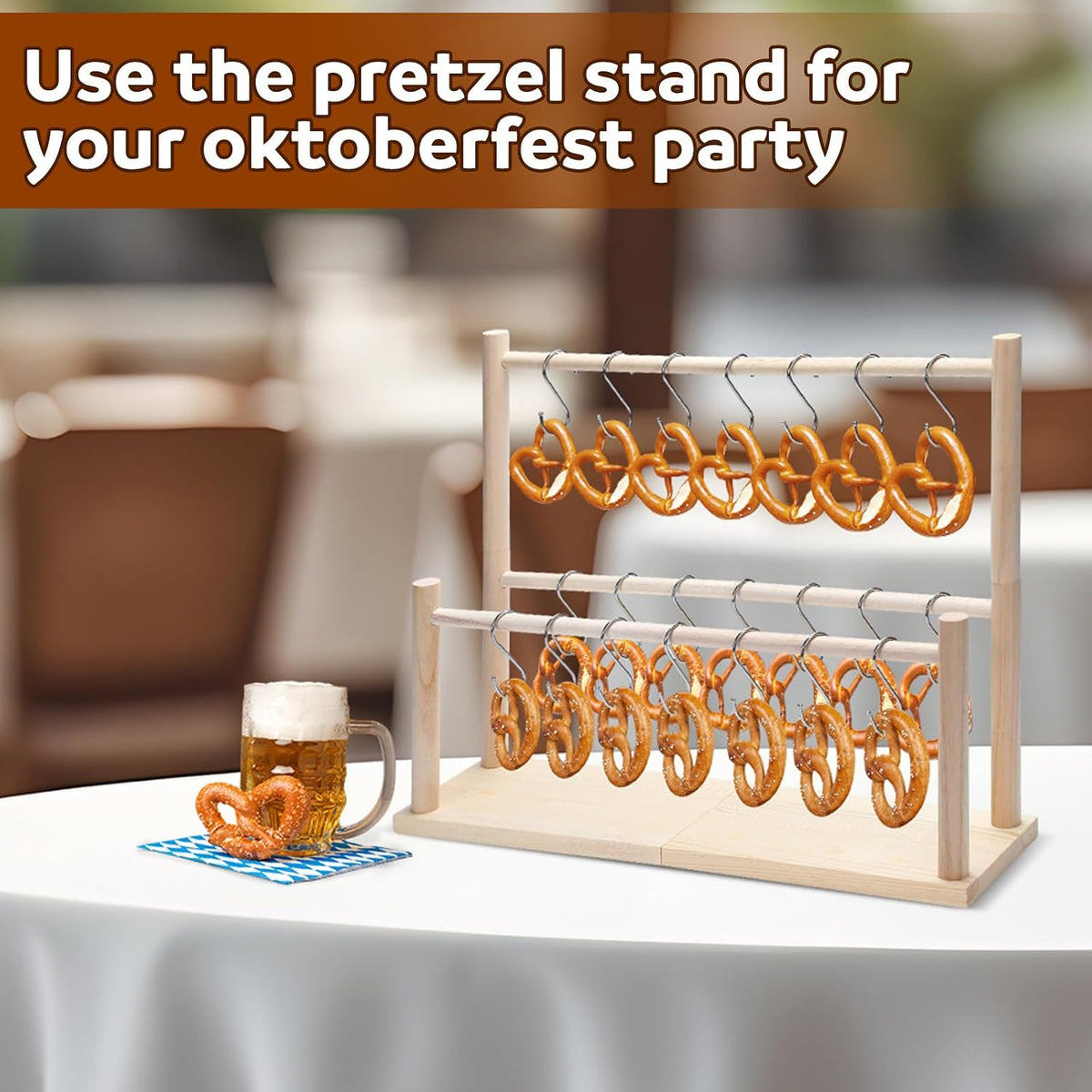 Wooden Pretzel Holder Stand with 21 Hooks for Oktoberfest