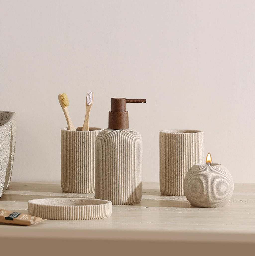 Bathroom Accessories Set, 5 PCS Modern Bath Organizer, Beige | Sandstone Look, Stripe,13.53 OZ Soap