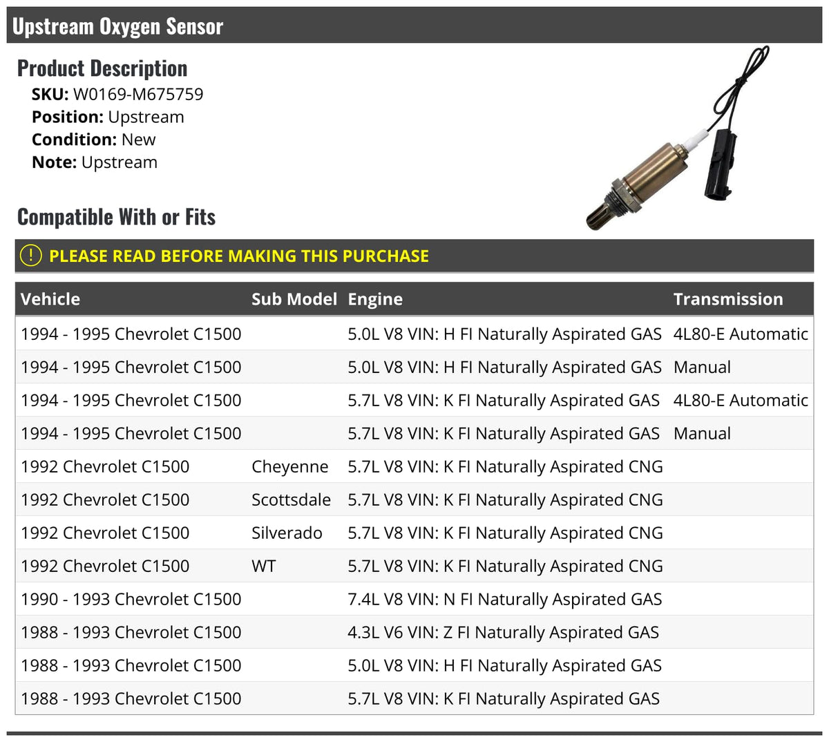 Upstream Oxygen Sensor - Compatible with 1988-1995 Chevy C1500