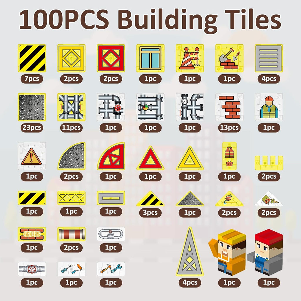 100PCS Magnetic Tiles-Engineering Theme, Mini Magnet Building Tiles, STEM Educational 3D Blocks with 2 Figures