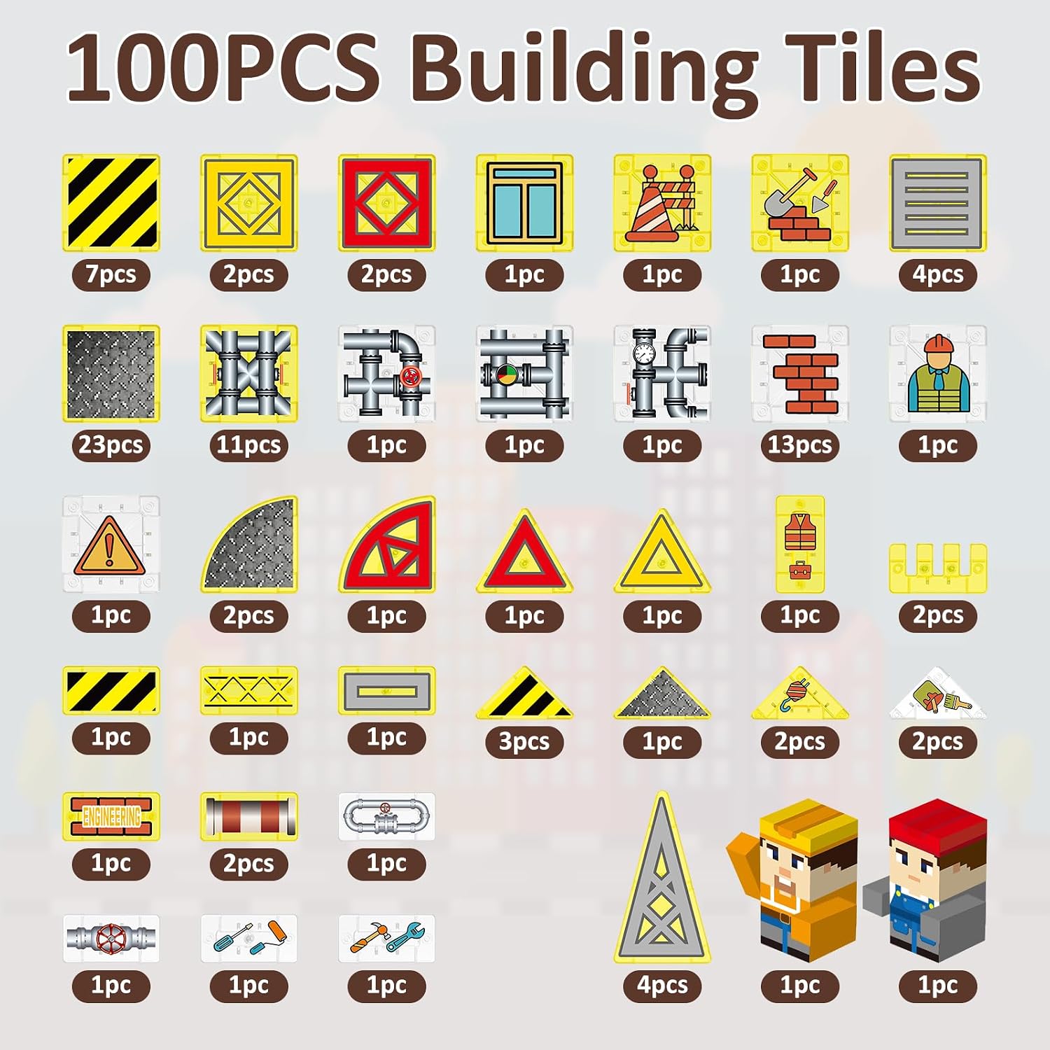 100PCS Magnetic Tiles-Engineering Theme, Mini Magnet Building Tiles, STEM Educational 3D Blocks with 2 Figures