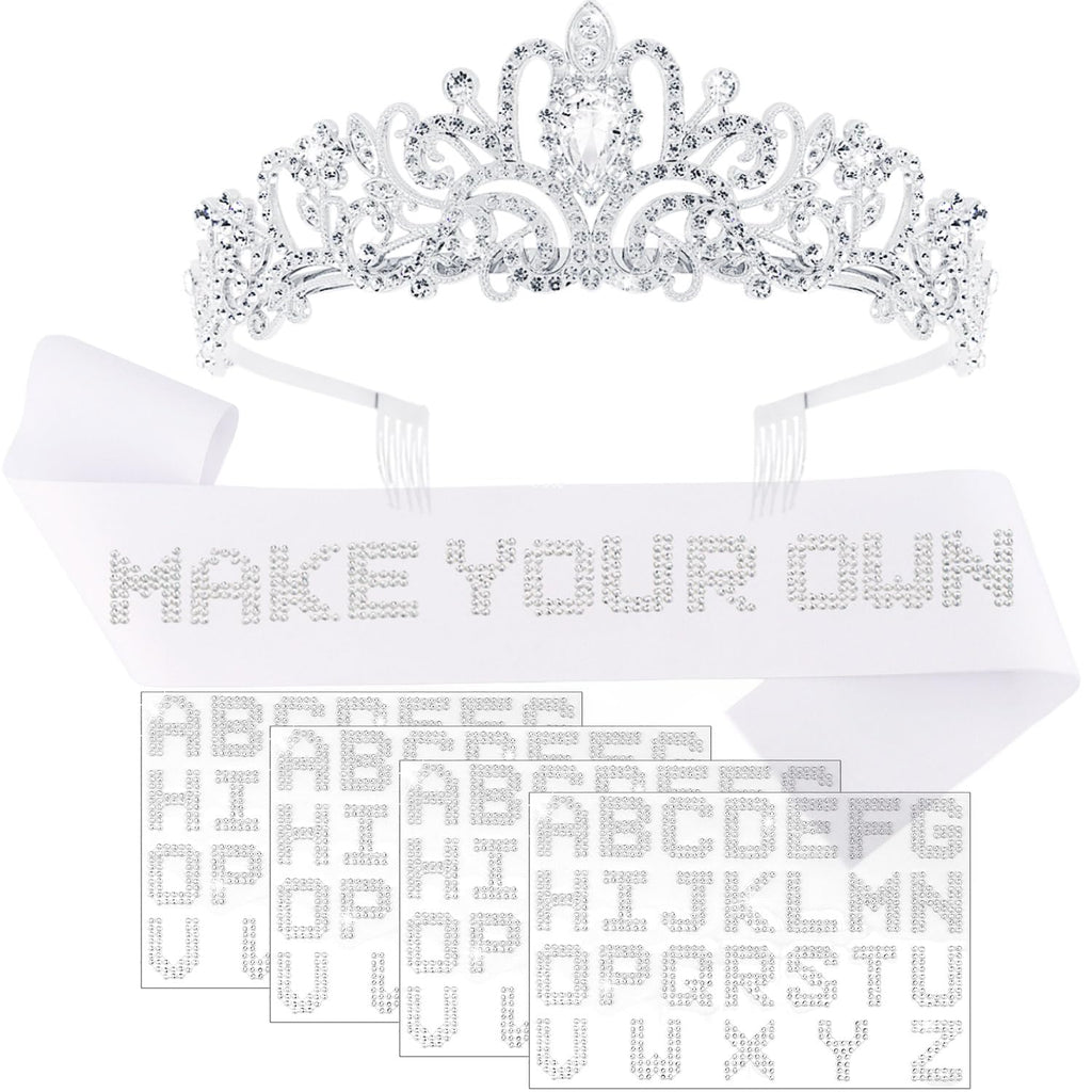White Custom Sash Personized, Silver Tiara Crown with Blank Satin Sash & 4 Sheets Rhinestone Letters for Women Girls