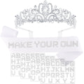White Custom Sash Personized, Silver Tiara Crown with Blank Satin Sash & 4 Sheets Rhinestone Letters for Women Girls