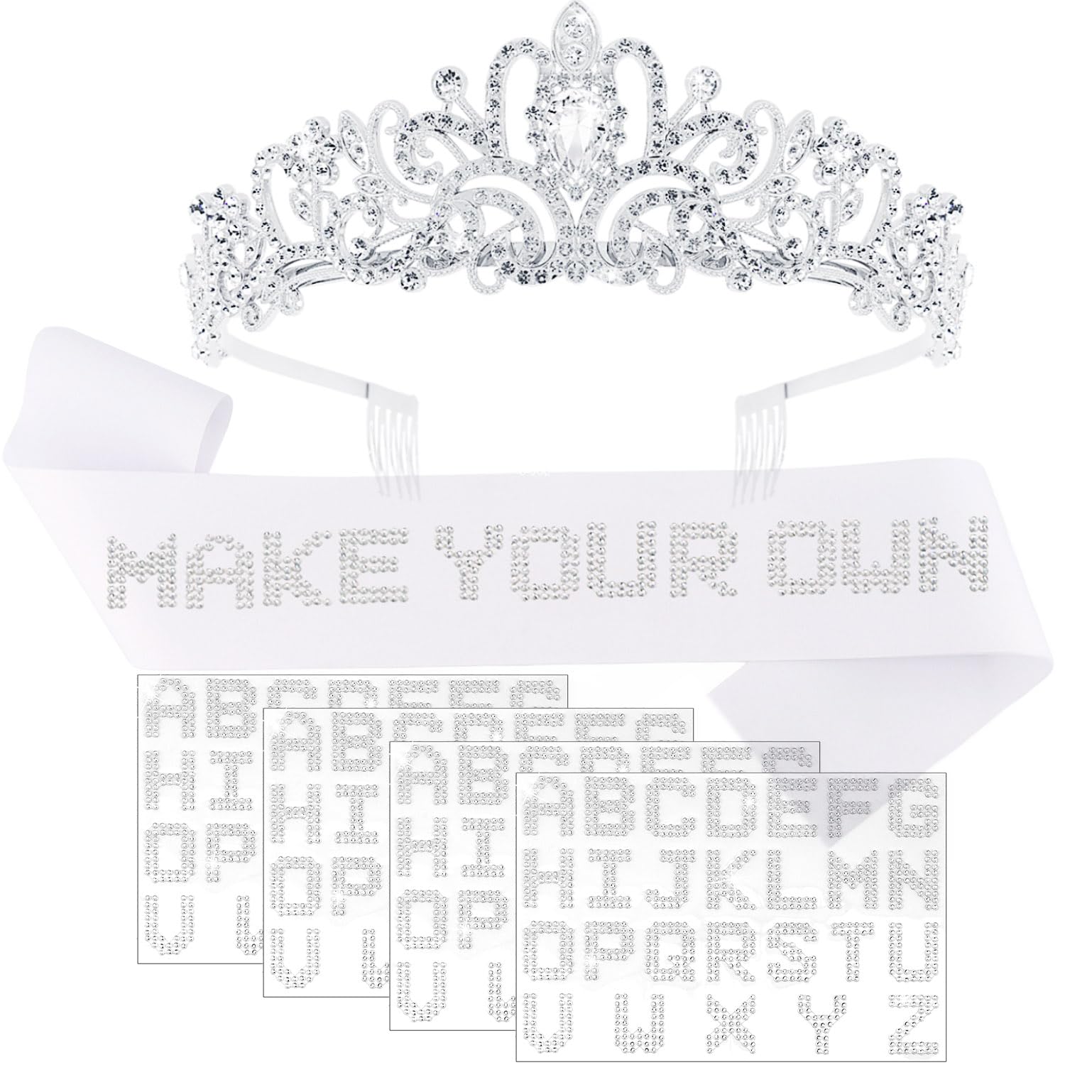 White Custom Sash Personized, Silver Tiara Crown with Blank Satin Sash & 4 Sheets Rhinestone Letters for Women Girls