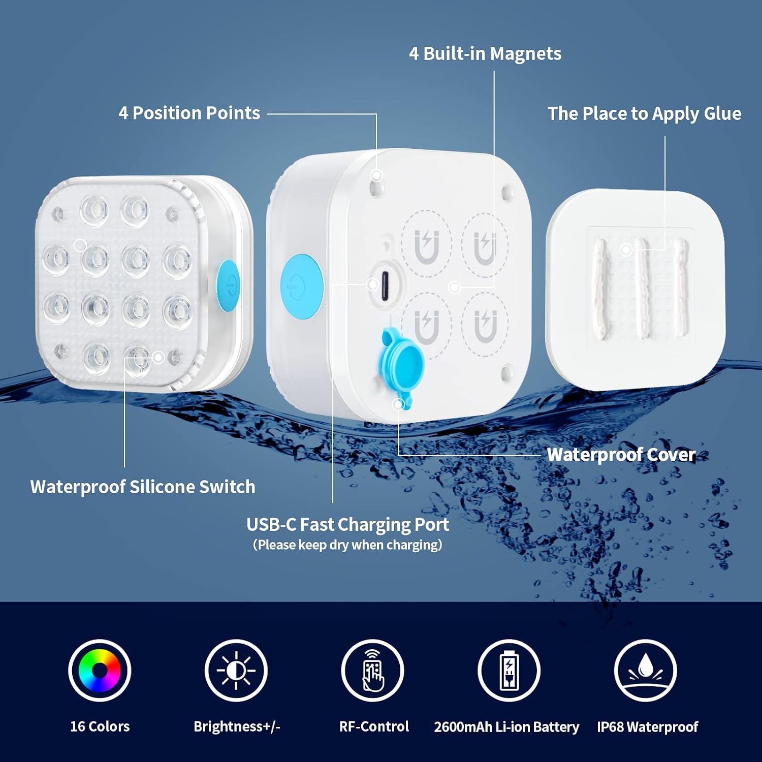 Rechargeable Submersible Pool Lights with Remote, Waterproof Underwater Charging Battery Operated Controlled 16 Color