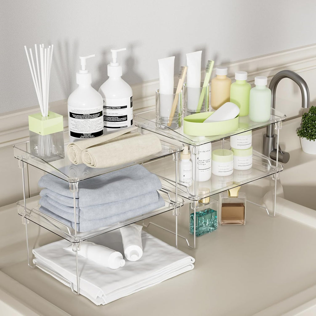 Acrylic Cabinet Organizer Shelf,4 Pcs Stackable Kitchen Counter Shelves,Spice Rack,Countertop Organizers,Clear