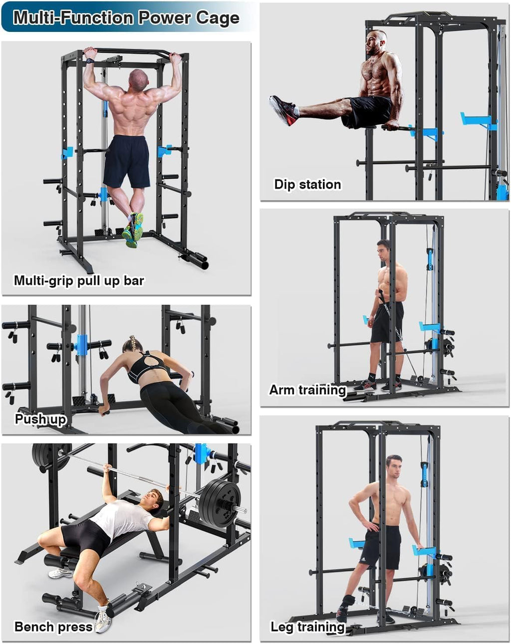 Power Cage, Multi-Functional Power Rack with J-Hooks, Dip Handles, Landmine Attachment and Optional Cable Pulley