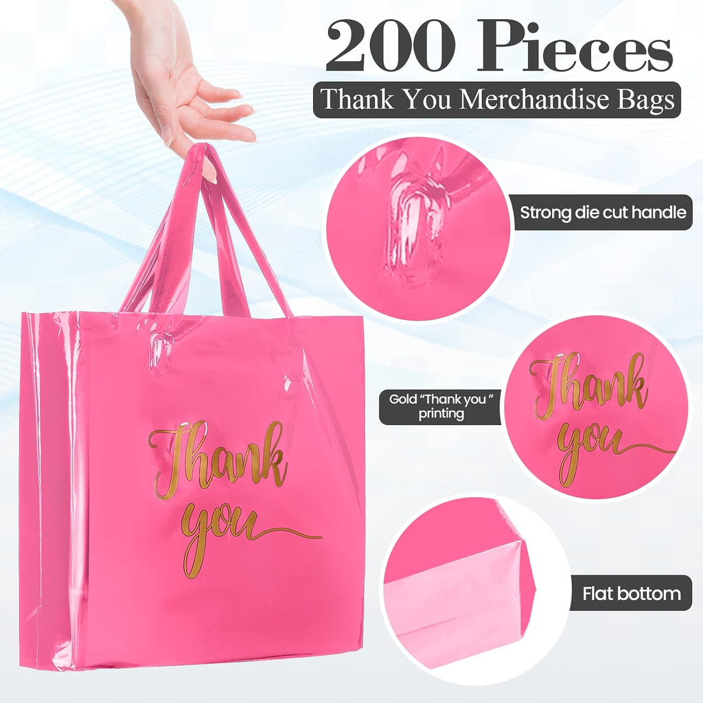 200 Pcs Thank You Shopping Bags with Handle,Pink