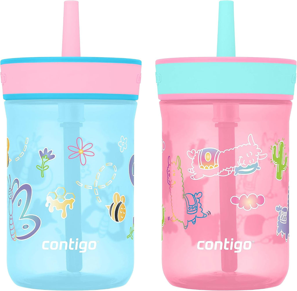 Leighton Kids Water Bottle, 2-Pack, 14oz, Spill-Proof, Blue Raspberry/Azalea & Butterlies/Llamas, Dishwasher Safe