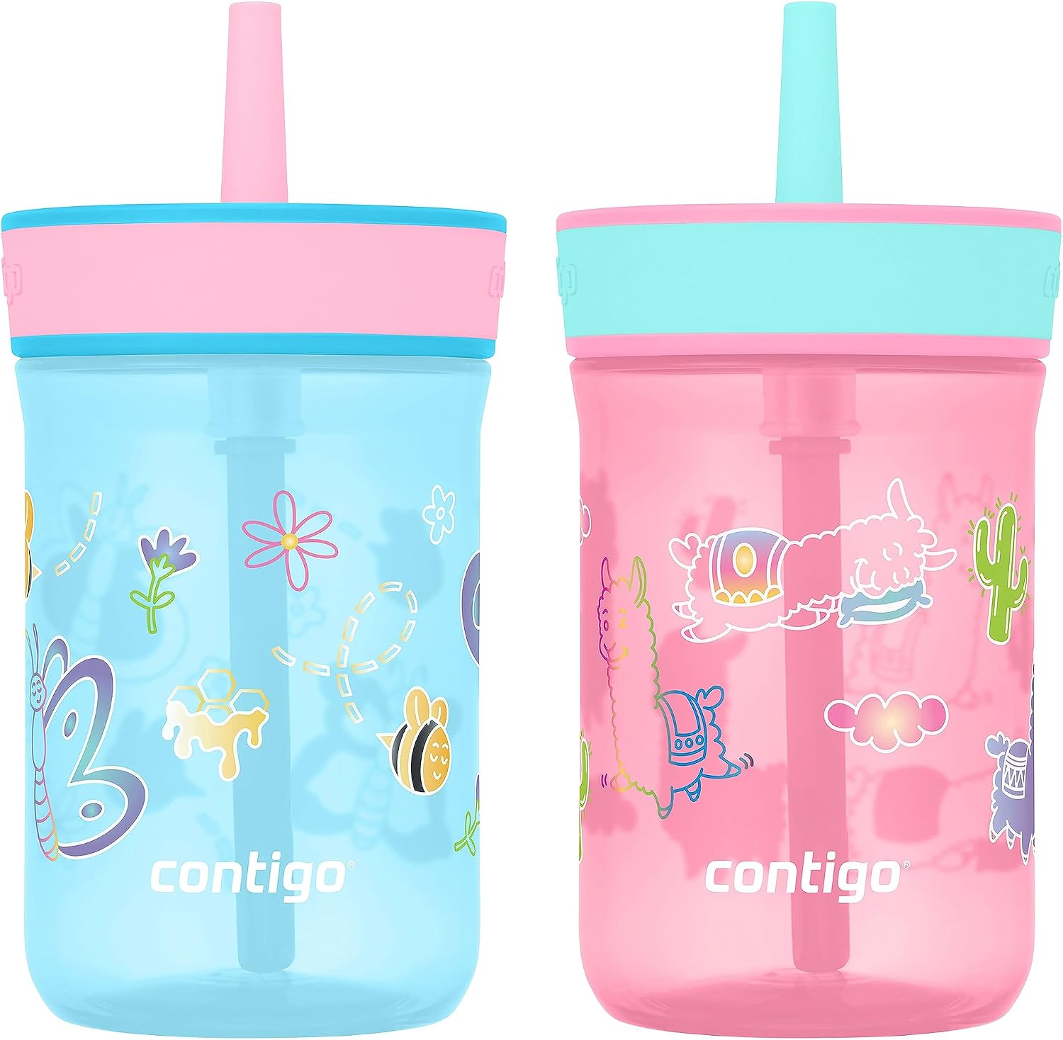 Leighton Kids Water Bottle, 2-Pack, 14oz, Spill-Proof, Blue Raspberry/Azalea & Butterlies/Llamas, Dishwasher Safe