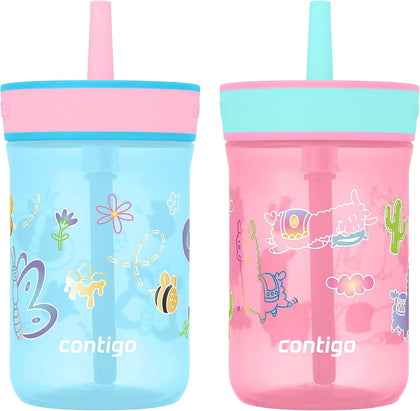 Leighton Kids Water Bottle, 2-Pack, 14oz, Spill-Proof, Blue Raspberry/Azalea & Butterlies/Llamas, Dishwasher Safe