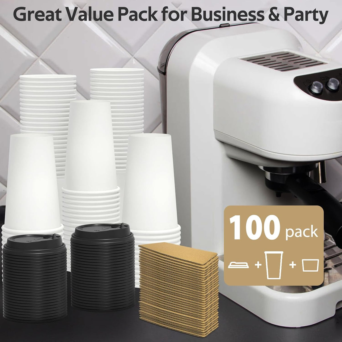 100 Pack 16 oz Disposable Coffee Cups with Lids and Sleeves