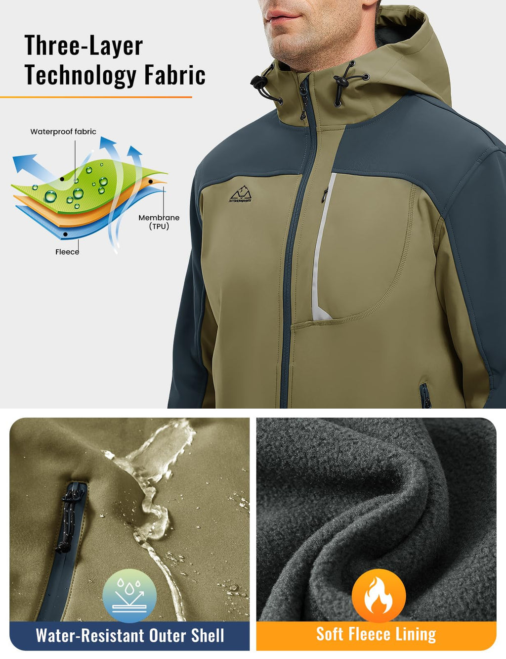 Men's Soft Shell Jacket Full Zip Fleece Lined Khaki M