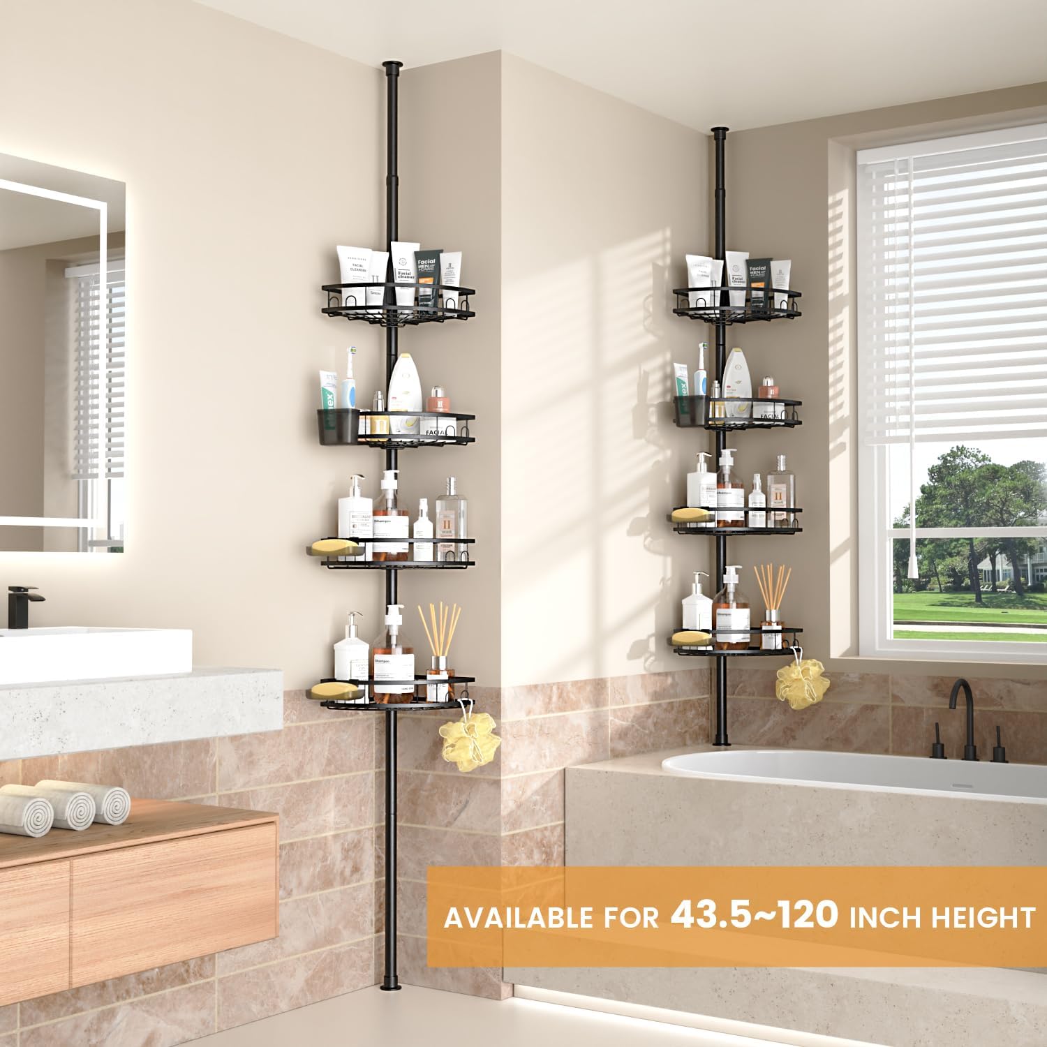 Adjustable Tension Pole Shower Caddy: Rustproof Corner Bathroom Organizer | 4-Tier 31-124" No Drill Standing Shelves