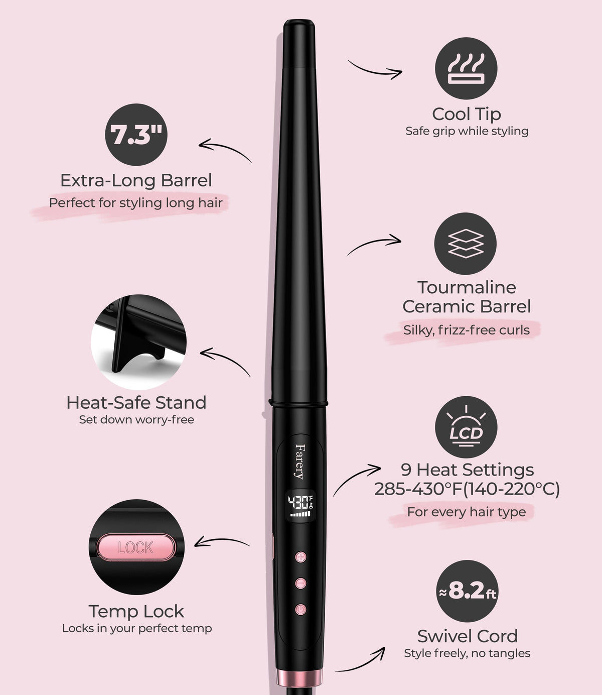 Tapered Curling Wand, 3/4-1 1/4" Conical, 7.3" Extra Long Barrel