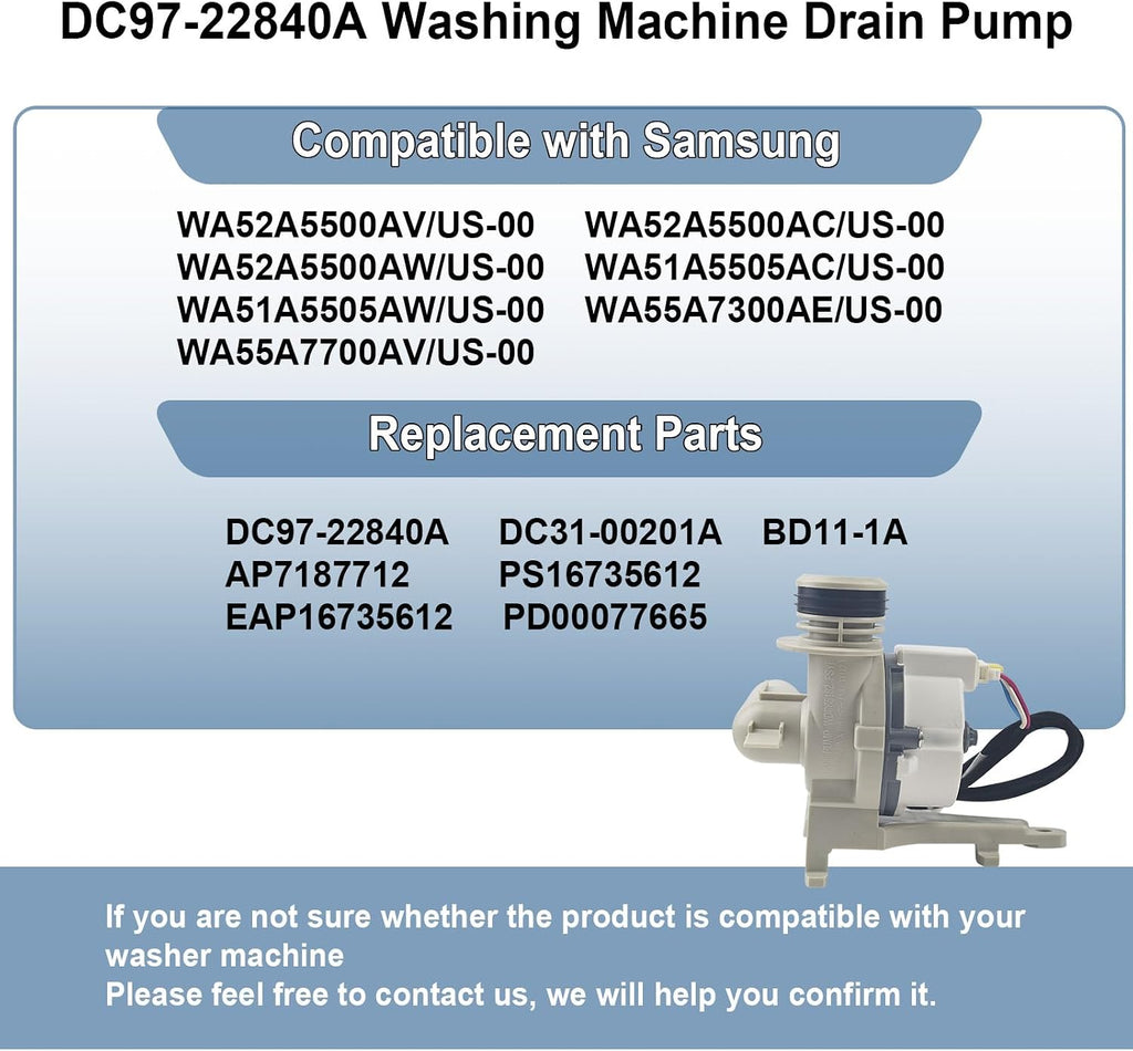 DC97-22840A, DC31-00201A Drain Pump Assembly Compatible with Samsung Washer
