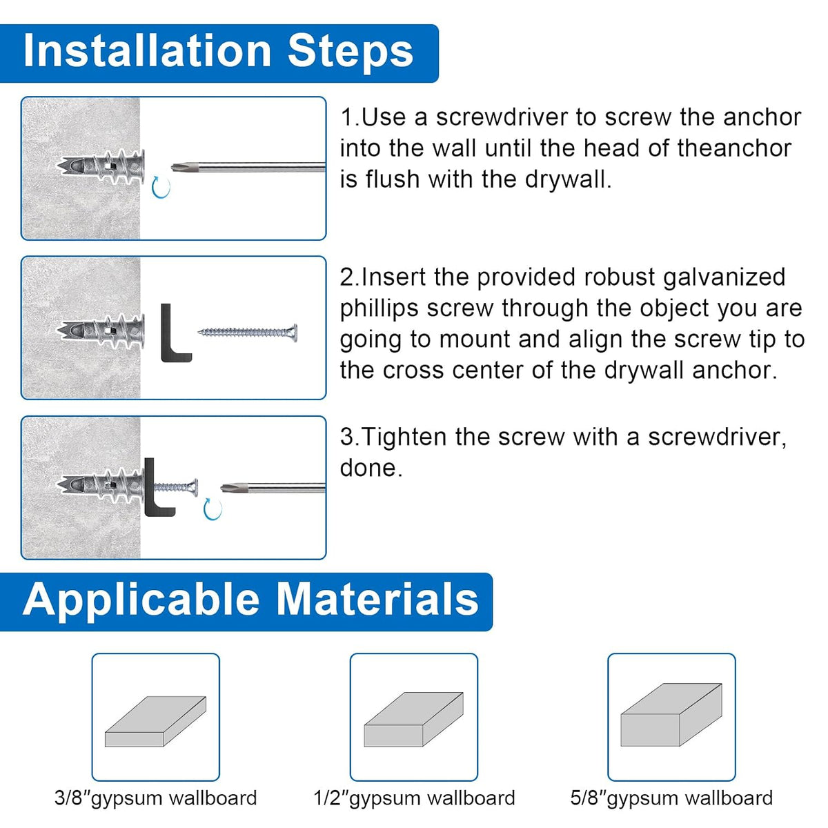 Zinc Self-Drilling Drywall Anchors with Screws Kit, 104 Pack 3 Size, 52 Heavy Duty Metal Wall Anchors and 52 Screws