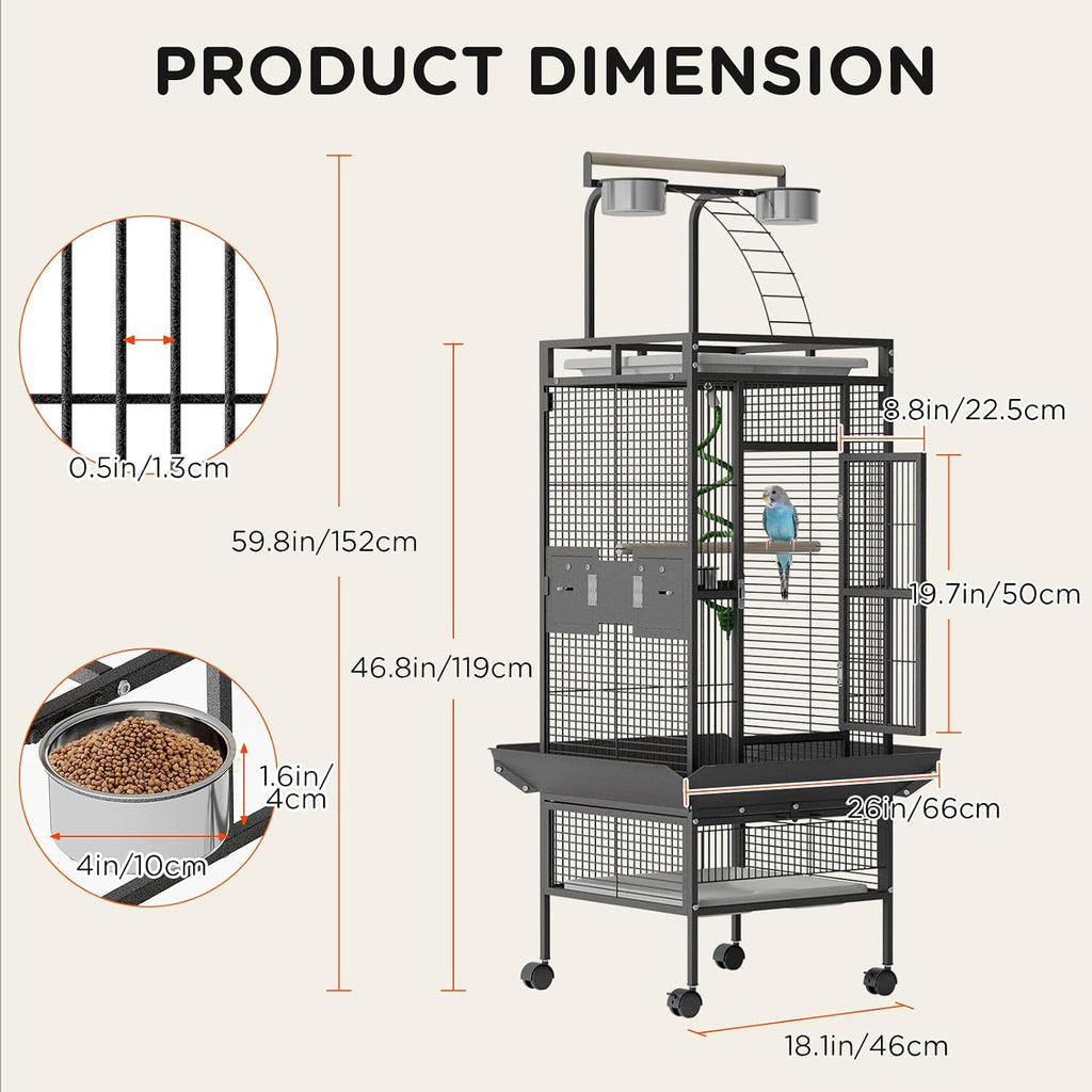 60 Inch Wrought Iron Large Bird Cage with Play Top, Stand | Rolling Metal Black Parrot Cage with 4 Stainless Steel