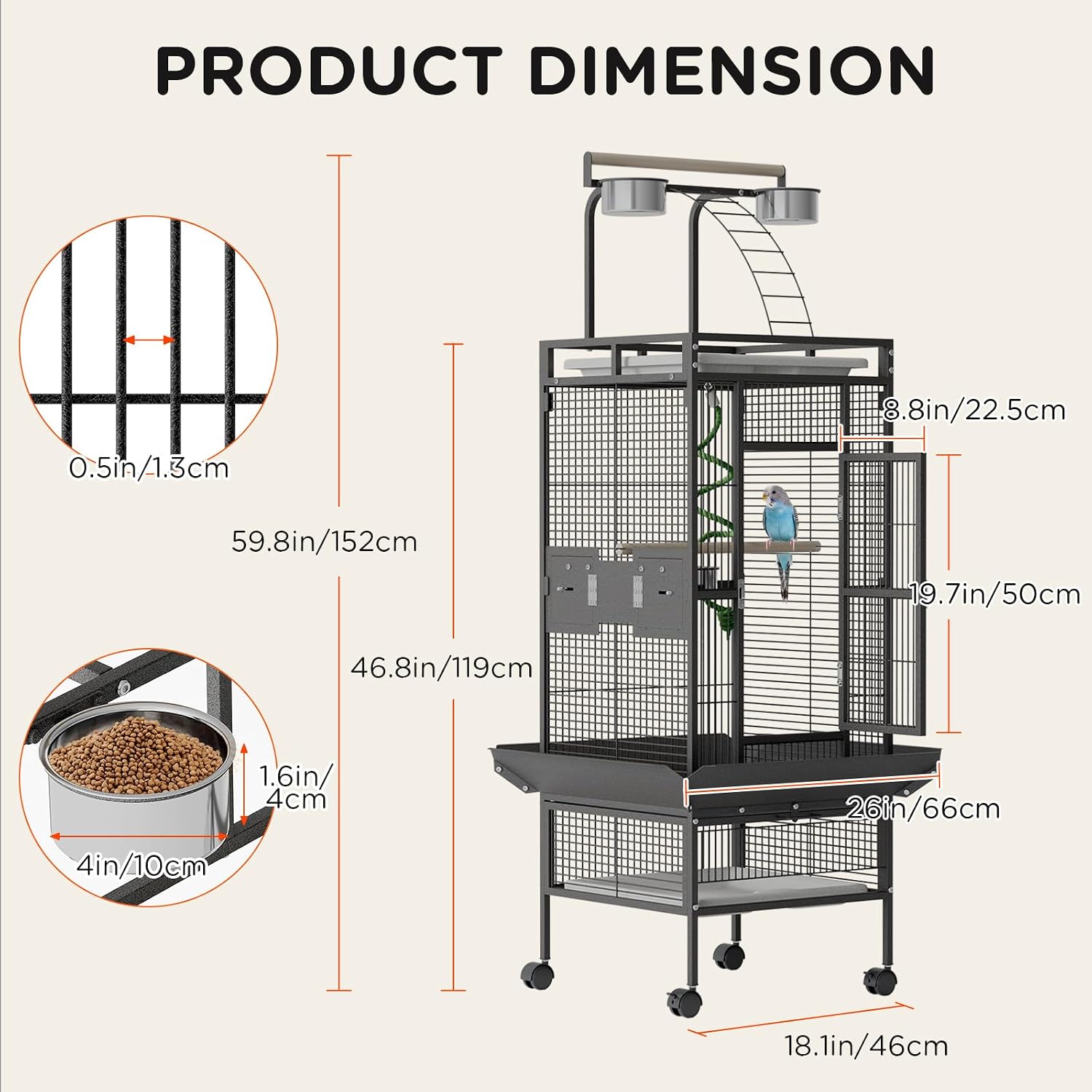 60 Inch Wrought Iron Large Bird Cage with Play Top, Stand | Rolling Metal Black Parrot Cage with 4 Stainless Steel