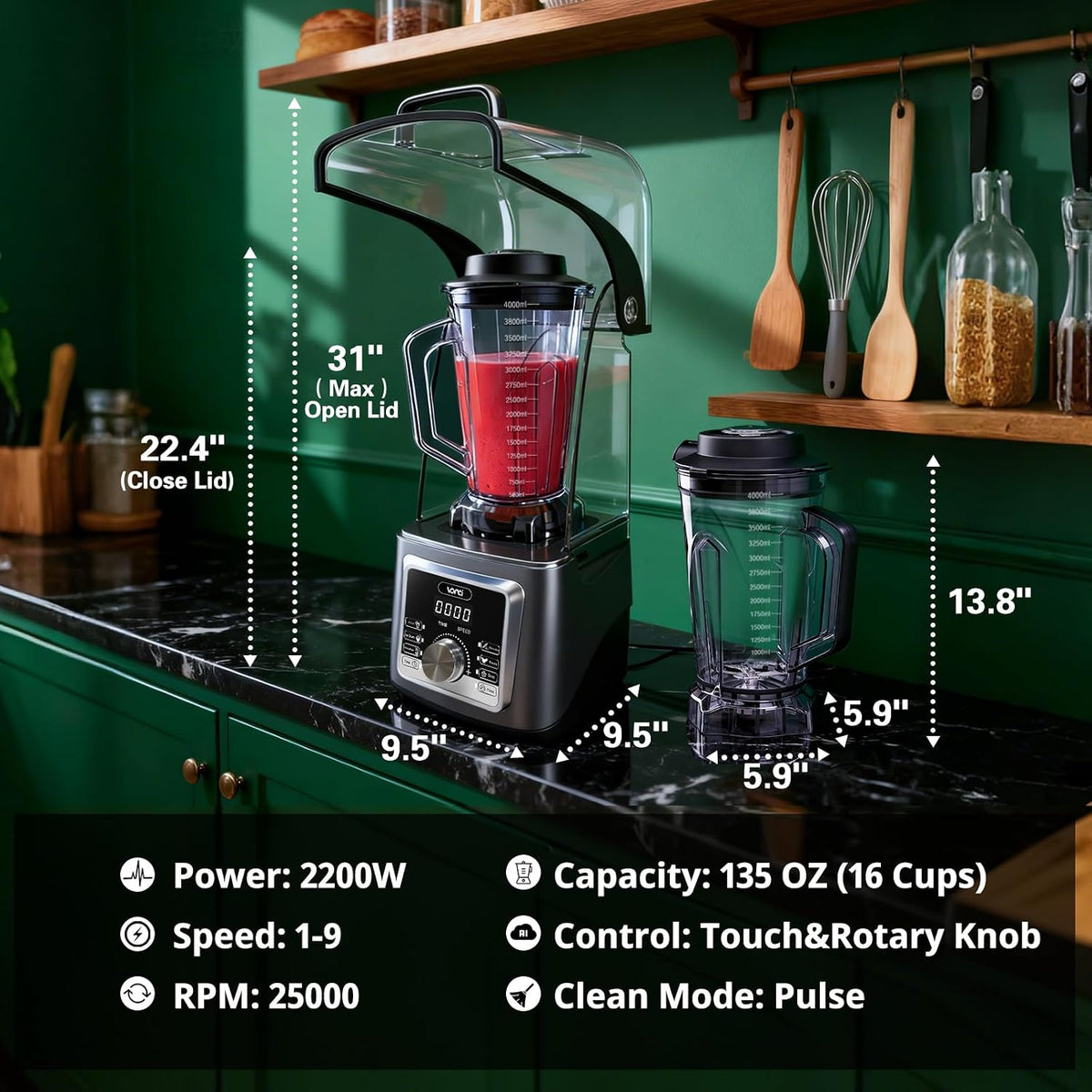 2200W Commercial Blender with Sound Enclosure, 135 oz Large Capacity