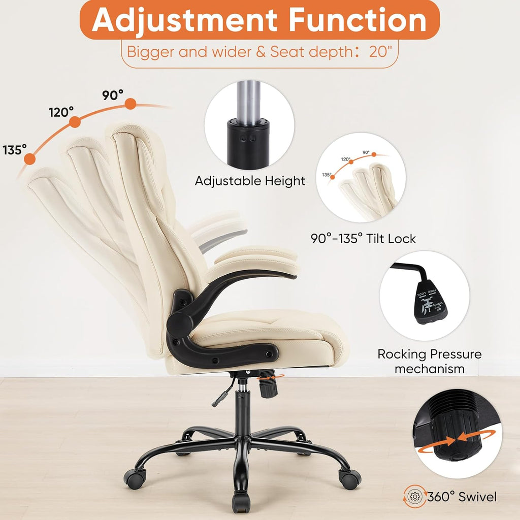 Ergonomic Office Chair - Heavy Duty Task Desk Chair with Flip-up Armrest, PU Leather, Height Adjustable & Swivel
